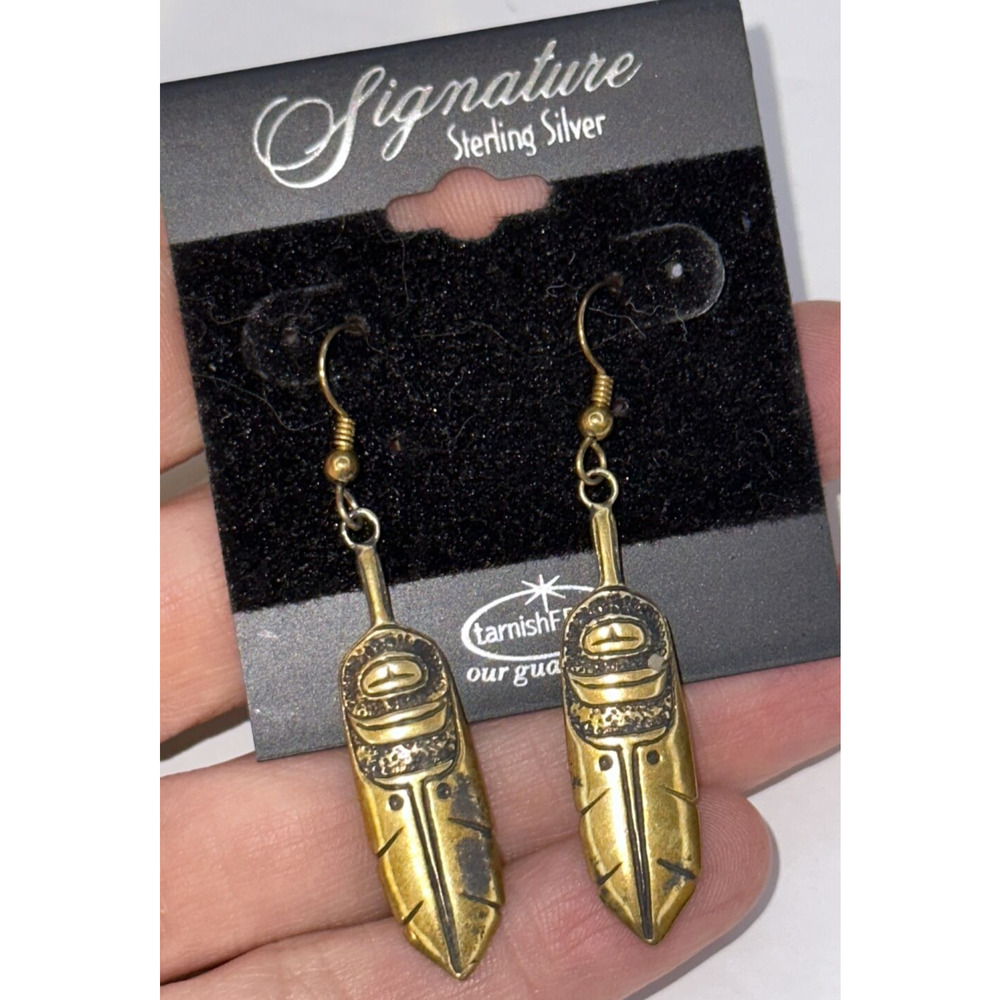 Signature Sterling Silver‎ Over Gold Earrings Dangle Hook Feather Tarnish Free